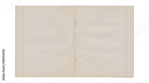 Tableau sur toile Worn open notebook graph paper spread with torn center and stains