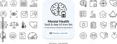 Mental Health UI Icon Set for SaaS, Web and Mobile Dashboards – Minimal Therapy and Wellness Vector Icons