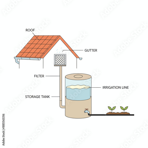 Rainwater harvesting system showing roof collection filtration storage and irrigation