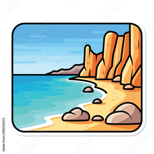 A serene beach scene with cliffs