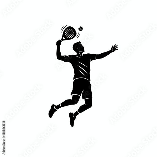 Silhouette of a male Padel player midair serving a ball with a racket