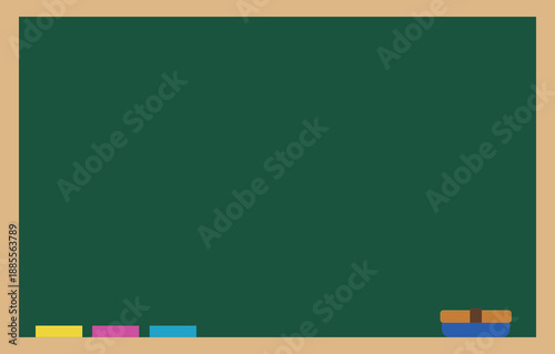 Empty Green Chalkboard with Wooden Frame - Classroom Blackboard Mockup with Chalk and Eraser Vector