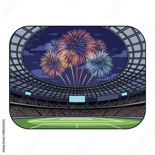 A vibrant stadium celebrating with fireworks