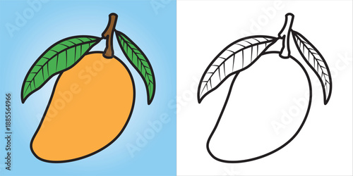 Cute mango fruit illustration for kids coloring pages with simple bold outlines. Main object and background are separated (not merged in one layer), perfect for education and coloring books