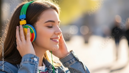 Immersed in Sound: A woman wearing colorful headphones closes her eyes, lost in the melodic embrace of her music, and enjoying the rhythm of life