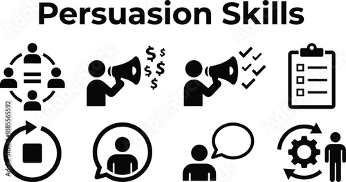 Persuasion skills concept banner illustrating communication, influence, negotiation, leadership, decision making, sales messaging, feedback, and professional business interaction strategy