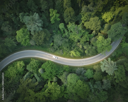 Overhead drone shot of a solitary white car traversing a curved asphalt road that winds through a thick, verdant forest filled with diverse green trees and foliage, illuminated by soft sunlight