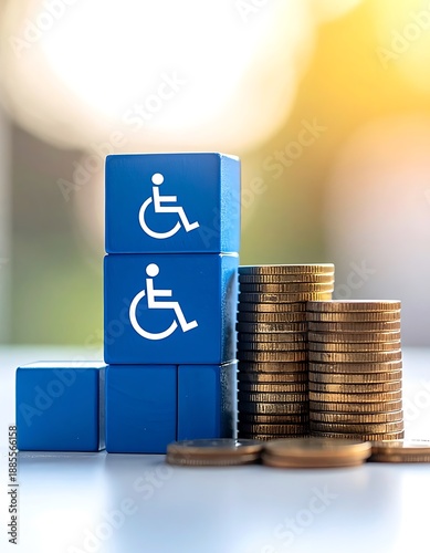 Blue accessibility block tower stands next to a stack of coins, suggesting financial considerations for disabilities