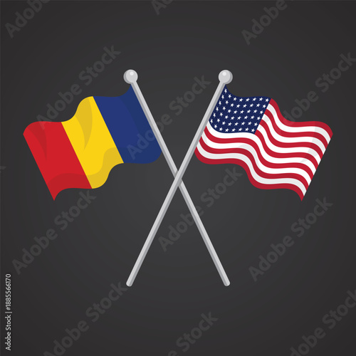 crossed united states and romania waving flags flat design illustration for international diplomatic relationship or cooperation