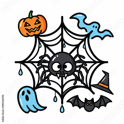 A spider web with Halloween symbols