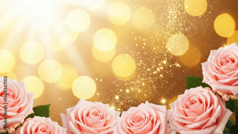 Fototapeta premium Ethereal Rose Blooms: Delicate pink roses bloom gracefully against a soft, golden backdrop adorned with radiant bokeh, exuding an air of elegance and enchantment.