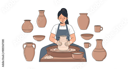 Illustration of a potter crafting clay ceramics with various pots and vases displayed around