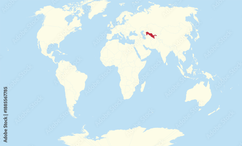 Obraz premium World map illustration with Uzbekistan territory highlighted in red color on cream and blue background