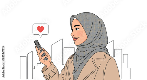 Woman with a smartphone and a heart notification symbol