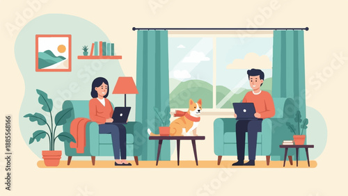 Cozy home office with people, dog, plants, and scenic window view