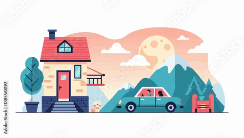 Cozy home scene with car, pet, mountains, and moon at sunset