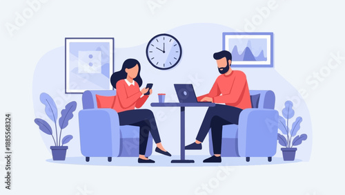 Couple working and relaxing on a couch with a laptop and phone