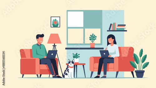 Couple working from home on laptops with dog and plants