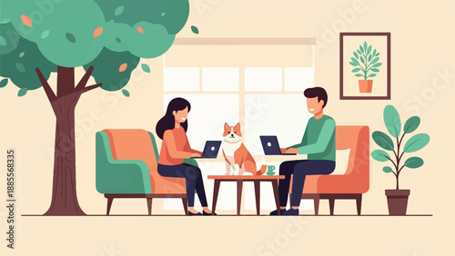 Couple works on laptops with pet dog in cozy living room with plants