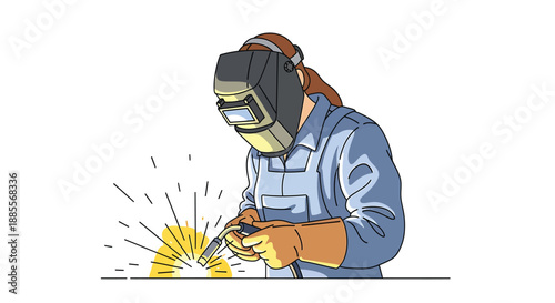 Professional welder working with sparks wearing protective gear in a workshop illustration