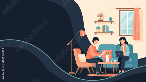 Couple working from home with pet on sofa in minimalist apartment