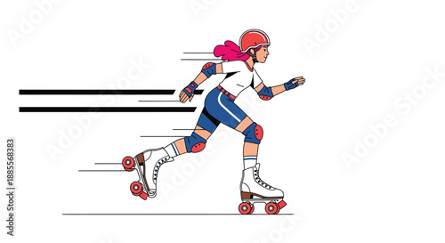 Illustration of a woman roller skating at high speed wearing protective gear and a helmet