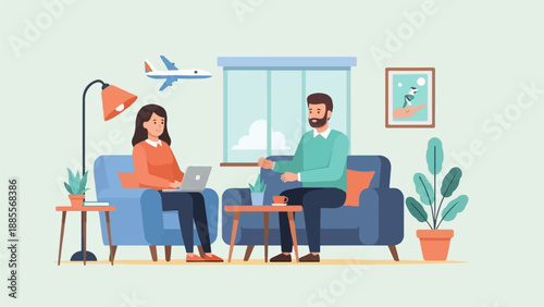 Couple working and relaxing at home with travel aspirations