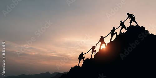 An image of silhouettes of people helping each other climb a mountain. This image symbolizes teamwork, overcoming obstacles, and shared success.