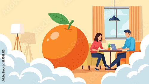 Couple working on laptop near a giant orange and clouds