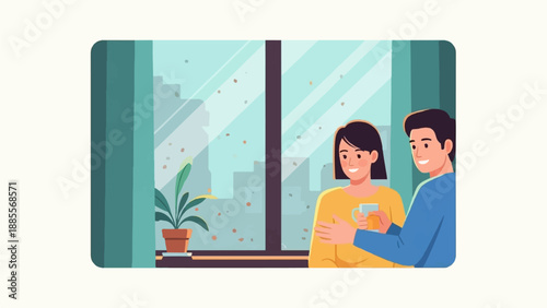 Couple sharing a warm drink by the window on a day with falling dots