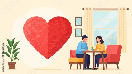 Couple sharing a moment indoors with a large heart nearby