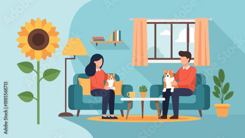 Couple relaxing at home with pets and a sunflower