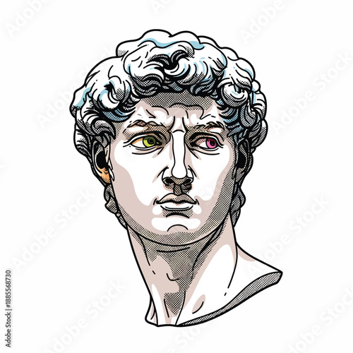 A pop art styled illustration of a classical male bust