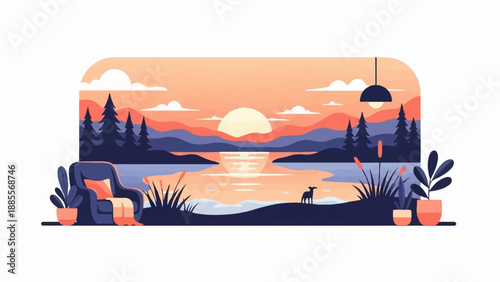 Cozy armchair facing a tranquil lake at sunset with a dog on the shore