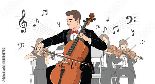 Classical musician playing a cello with an orchestra in the background, lively musical notes, elegant performance