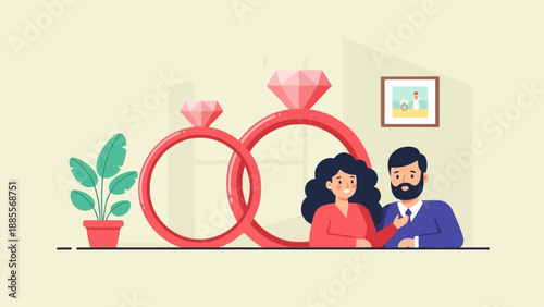 Couple, rings, plant, and framed picture in a minimalist domestic scene