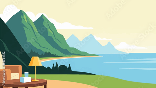 Cozy armchair with lamp overlooks a tranquil coastal mountain landscape