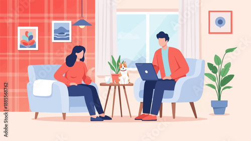 Couple relaxing at home with laptop, cat, and plants indoors