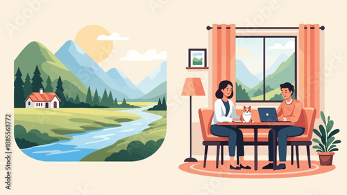 Couple working on laptop with dog, picturesque mountain landscape backdrop