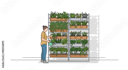 Illustration of a person tending to an indoor vertical garden with plants in pots on shelves