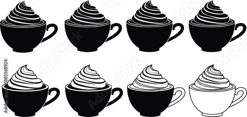 Coffee cup silhouette set with whipped cream topping icons, black and white hot beverage illustration isolated background, cafe menu design