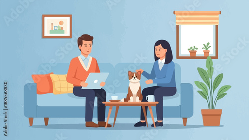 Couple relaxing with dog on couch, laptop, and plants