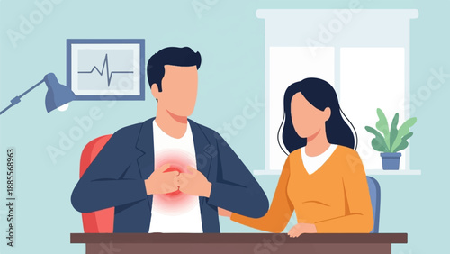 Couple at desk with man experiencing chest pain, woman comforting him