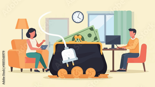 Couple at home managing finances with digital tools and physical cash