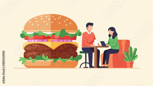 Couple at a table with a huge burger and a potted plant