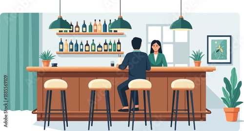 Couple at a bar, one drinking, the other attending