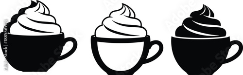 Coffee cup silhouettes with whipped cream topping, hot beverage icon set, cafe dessert drink concept isolated on white background vector
