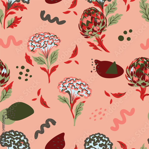 Modern hand drawn artichoke and vegetable seamless pattern. Trendy botanical vector design for kitchen textiles, wallpaper, fabric, and eco packaging.