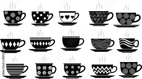 Coffee cup silhouettes pattern set, decorative teacups with steam, cafe beverage icon collection, black and white isolated vector illustration