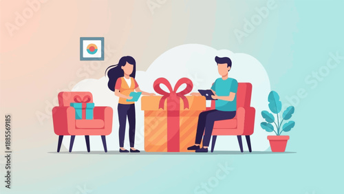 Couple by large gift box with small gift on chair and potted plant